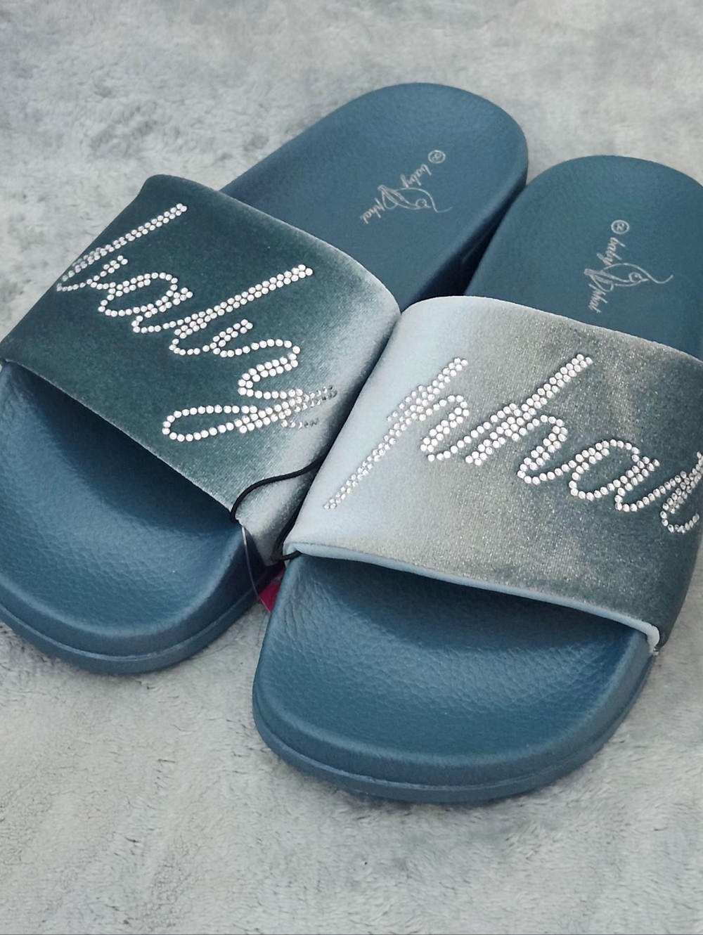 Baby Phat Rhinestone Script Logo Slide Sandals, Size: 8 Color: Teal - Picture 4 of 7